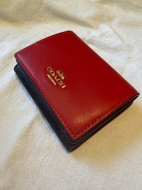 COACH Red Leather Compact Wallet - triple French style coin holder on top